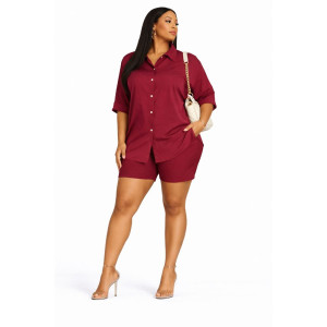 Womens Casual Short Sleeve Shirt and Shorts Set Wine Red
